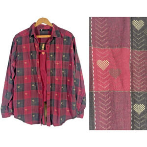 Citicraze Top Button Up Large Heart Embroidered Plaid Grandma Country Cabincore